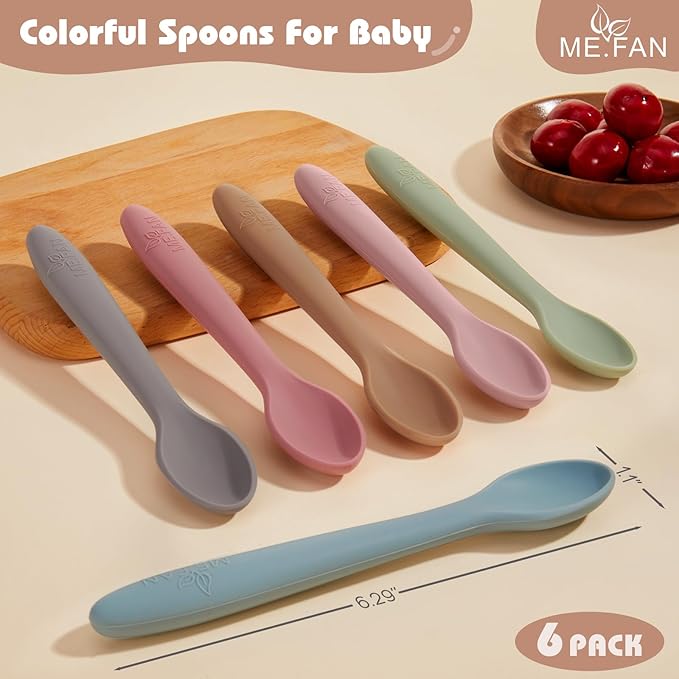 ME.FAN Silicone Baby Spoons - 6 Pack Feeding Spoon for First Stage Baby & Infant, Baby Utensils Soft Training Spoons - Morandi Color