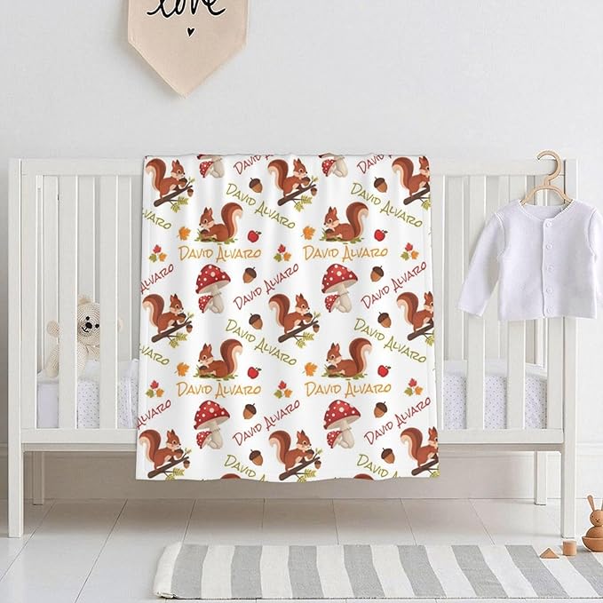 Ship Next Day Personalized Baby Blanket, Printed in USA - Custom Name Toddler Blanket with Squirrel Pattern, Personalized