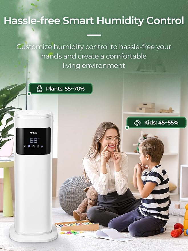 Aiheal Humidifier for Large Room Home, 10.5L Top Fill Cool and Warm Mist Ultrasonic Floor Humidifiers for Baby and Plants with Customized Humidity, Timer, Sleep Mode, Auto Shut Off, Quiet, White