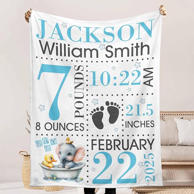 Personalized Baby Blankets for Boy with Birth Information for Boys and Girls Cute Custom Baby Newborn Blanket for Boy Girl on Baby Shower Birth Memory