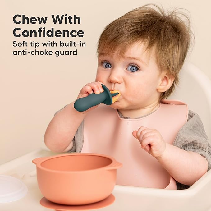 KeaBabies 4-Pack Silicone Baby Spoons and Forks Set - Baby Led Weaning Utensils 6-12 Months, Self Feeding Toddler Spoon & Fork for Training, Teething, Easy to Hold, BPA-Free Silicone (Rocky)