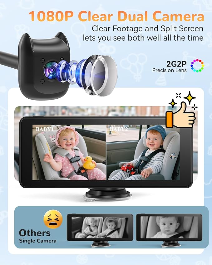 Dual Car Camera Baby Monitor with 6.9" Split Screen-1080P HD Carseat Camera for 2 kids with 360° Full Rotation-Night Vision, Auto-detail Enhancement, 2 Power Ways, Easy Install, for Twins & Siblings