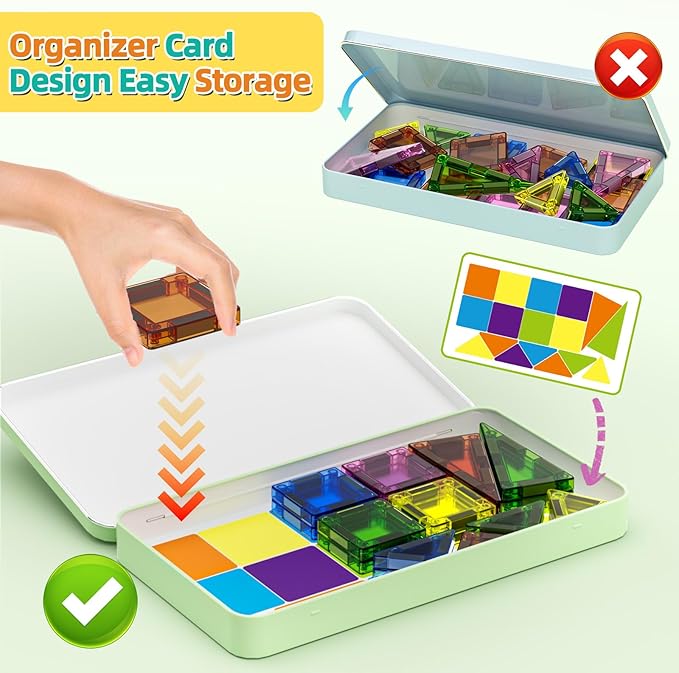 50PCS Mini Magnetic Tiles Travel Toys for Kids Ages 3+, Portable STEM Magnetic Blocks with Storage Tin, Montessori Educational Sensory Toy, Gifts for Boys & Girls, Airplane Car Travel Toys