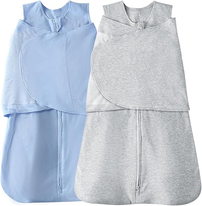 Baby Sleep sack Swaddle,Swaddles 3-6 Months,3-Way Adjustable Wearable Transition Blanket 100% Organic Cotton 2-Piece,12-18 lbs,1.0 TOG(Blue&Grey)