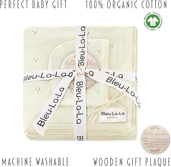 Organic Baby Blanket + Hat Gift Set - 100% Soft Luxury Cotton Unisex Receiving Swaddle Blanket + Bonnett Registry for Newborns & Infants (Butter Cream + Hat)