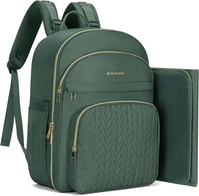 KABAQOO Baby Diaper Bag Backpack, Waterproof Diaper Backpack for Mom & Dad with Changing Pad, Insulated Pockets and Stroller Straps, Baby Shower Gifts for Girls & Boys, Sage