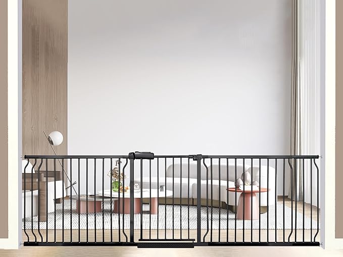 85.8-105 Inch Extra Wide Baby Gate, Pressure Mounted No Drill, Extra Wide Safety Gate for Large Entries, Black Metal with Extension Kit