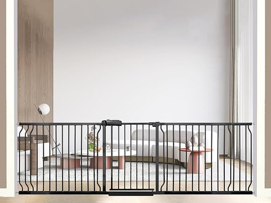85.8-105 Inch Extra Wide Baby Gate, Pressure Mounted No Drill, Extra Wide Safety Gate for Large Entries, Black Metal with Extension Kit
