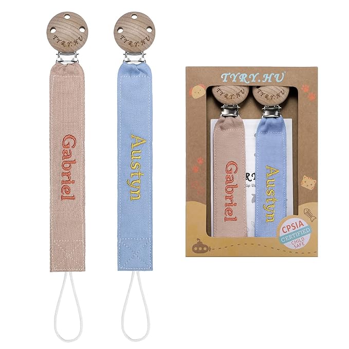 TYRY.HU Personalized Pacifier Clip with Name, Embroidery Ribbon Pacifier Holder for Baby Girls and Boys, Neutral Pacifier Leash Universally Fit All Pacifiers & Baby Toys, 2 Pack Baby Gift(Khaki, Blue)