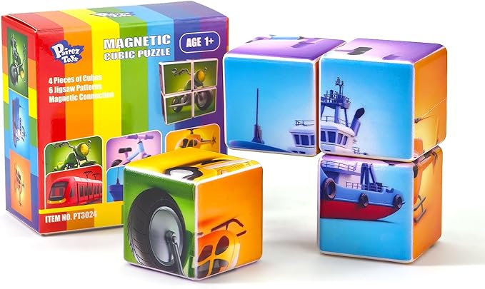 Magnetic Building Blocks Tiles, Large Magnetic 1.65 inch Cubic Puzzle Toys in Vehicles Theme, STEM Montessori Sensory Toys for Toddlers 1-3, Gifts for Girls & Boys