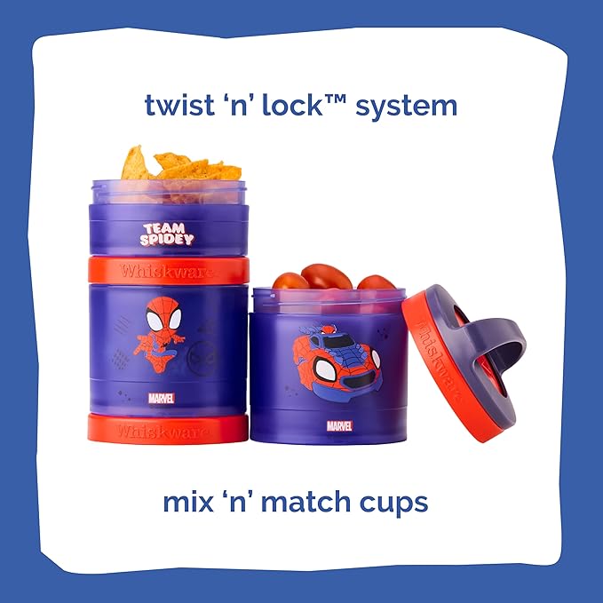 Whiskware Spider-Man Team Spidey Stackable Snack Containers for Babies, Kids, and Toddlers, 3 Stackable Snack Cups for School or Travel, Cupholder Friendly, Peter Parker