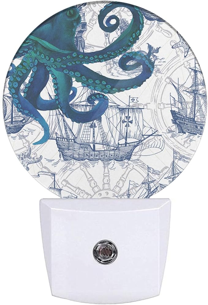 EKOBLA Vintage Octopus Night Lights Plug into Wall Sea Monster Nautical Coastal Night Light Dusk to Dawn Sensor LED Round Lamp for Men Women Boys Girls Home Decor
