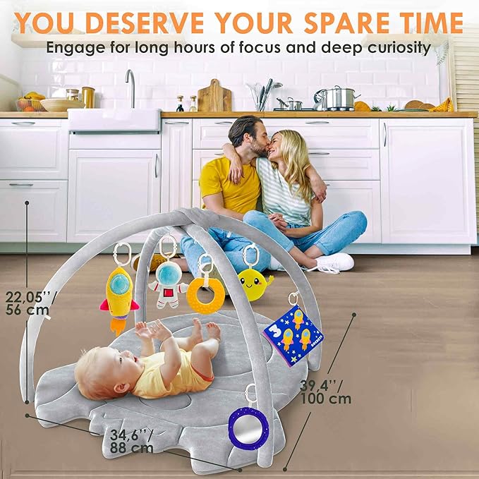 QUOKKA Baby Play Gym XL – Rocket-Shaped Baby Play Mat with 6 Large Sensory Toys – Tummy Time Mat for Infant Development – Machine Washable Newborn Essentials Must Haves – Gender Neutral Gift Items