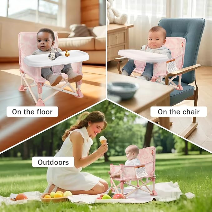 Tiny Marvels Portable 3-in-1 Baby Booster Seat, Cozy Floor Seat, Feeding Seat with Tray, Compact Foldable Toddler Booster with Child Safety Belt Carry Bag, Perfect for Travel (Blush Bloom)