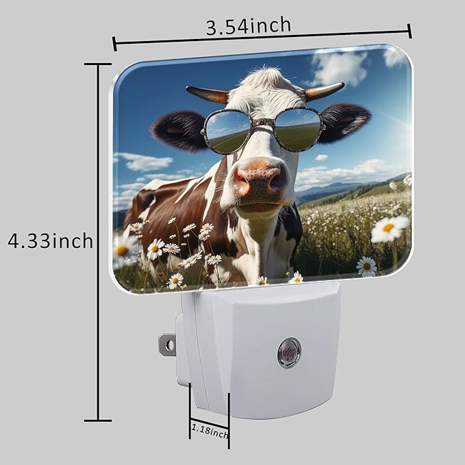 Cool Cow with Sunglasses Plug in Night Lights, Cute Cow Nightlight Plug Into Wall Dusk to Dawn Sensor for Kid Girls Boys Women Men Bedroom, Hallway, Kitchen, Bathroom, Stairs Decor