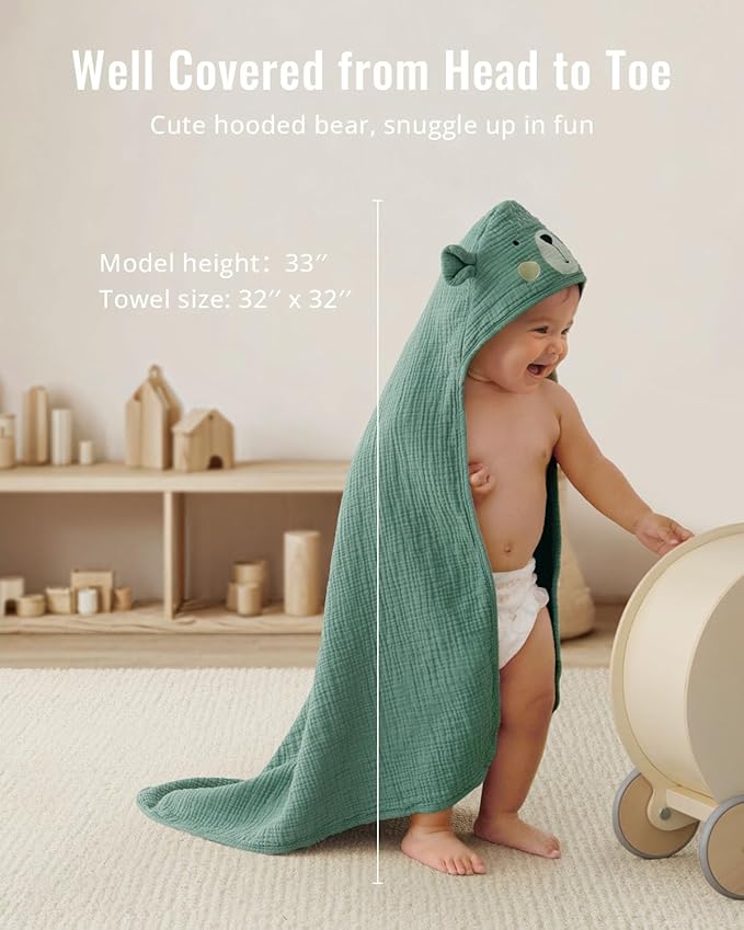 Blissful Diary Muslin Baby Hooded Towel 2 Pack, Soft & Absorbent Bath Towel for Infant, Toddler, Unisex, Baby Gift, Newborn Essentials, Bear & Duck