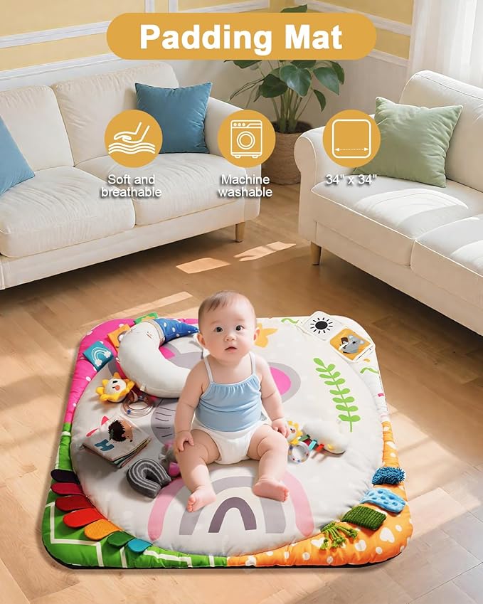 Baby Play Gym with 4 Developmental Zones – Tummy Time Mat & Activity Mat with 6 Sensory Toys, Visual Cards & Pillow – Baby Essentials & Ideal Gift for Newborns