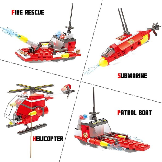 Liberty Imports 580 PCS City Fire Station Building Blocks Set - Marine Fire Rescue Toy Bricks Kit with Emergency Firefighter Patrol Ships & Helicopter - Storage Box with Baseplates Lid for Kids