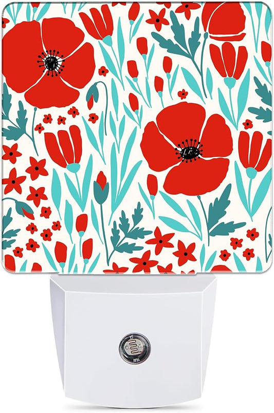 Red Morning Glory Night Light, Dusk to Dawn Smart Sensor Night Light for Bedroom Bathroom Kitchen Hallway Stairs Hallway, Plug-in, Energy Efficient Decor Desk Lamp Gifts