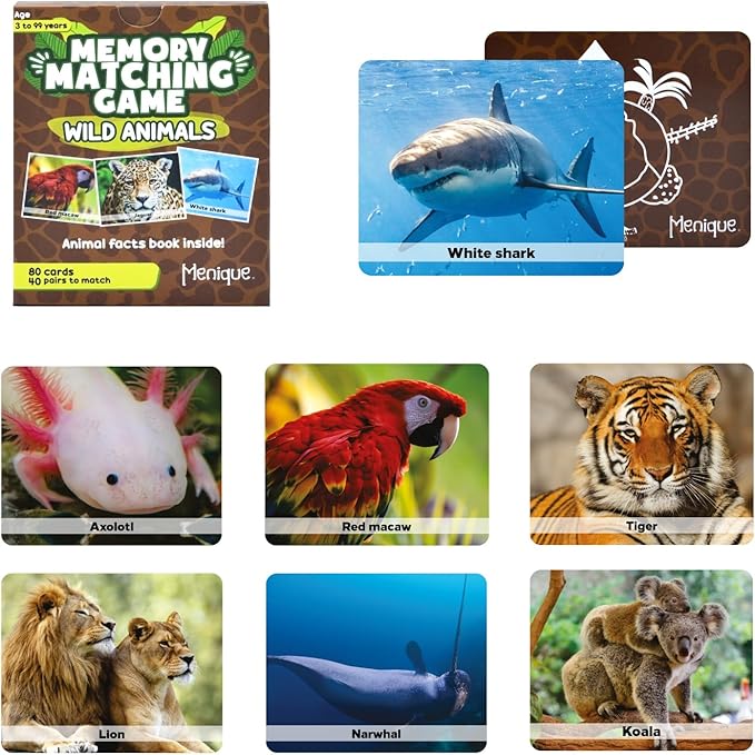 Menique Wild Animals Memory Matching Game – 80 Cards (40 Pairs) with Real Photos – Includes Educational Booklet with Animal Facts – Fun & Cognitive Game for Kids and Adults