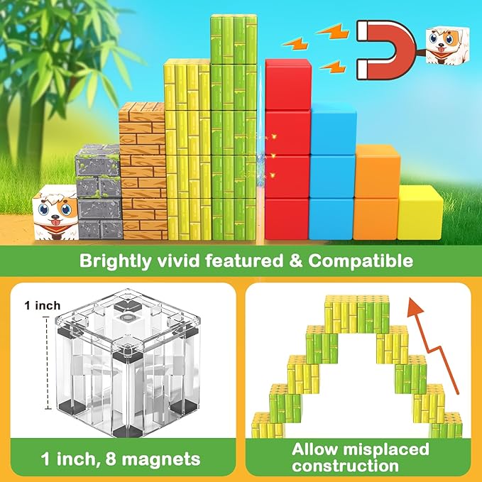 Large Magnetic Blocks 1" Building Cubes Toys for Kids Ages 4-6 5-7 8-12, Magworld Bamboo House Building Craft Construction Toy Set, Creative Sensory Toys Game Gift for 3+ Year Old Boys Girls