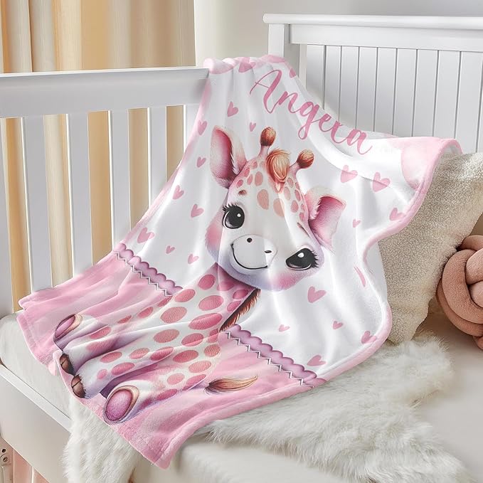 Personalized Baby Blanket for Girls, Custom Baby Blanket with Name, Soft Cozy Personalized Name Blankets for Kids, Customized Giraffe Blankets for Infant Toddler Birthday Christmas