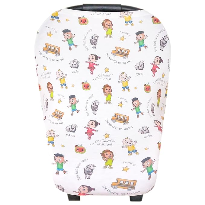 Copper Pearl Baby Car Seat Cover Canopy and Nursing Cover Multi-Use Stretchy 5 in 1 Gift 'CoComelon Friends' - One Size