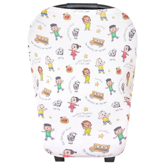 Copper Pearl Baby Car Seat Cover Canopy and Nursing Cover Multi-Use Stretchy 5 in 1 Gift 'CoComelon Friends' - One Size
