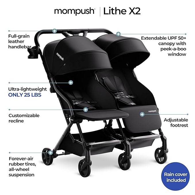 Mompush Lithe Double Stroller, Lightweight Side by Side Stroller for Newborn and Toddler, Easy Fold, Spacious Seats with Recline, UPF50+ Canopy
