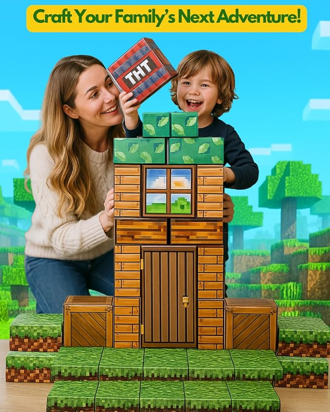 PixelStackers 100 Jumbo Building Blocks for Children Large Cardboard Blocks, Big Blocks Set for Mine Creative Craft Play & Early Learning, Easy to Assemble Big Building Blocks