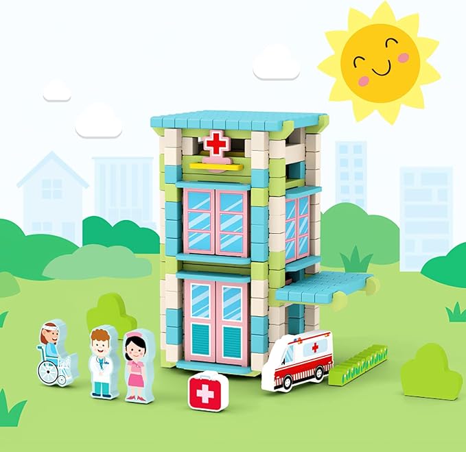 123PCS Wooden Building Blocks Set for Toddlers, Construction City Stacking Toys, Preschool Learning Educational Toys for Kids 3+ Years Girls and Boys (Hospital)