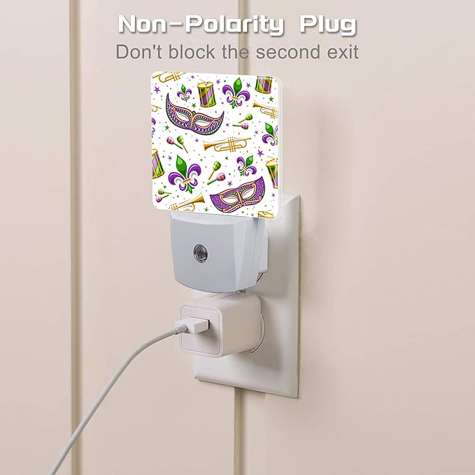 Mardi Gras Carnival Night Light, Fleur De Lis Mask and Musical Instruments Dusk to Dawn Night Light Plug in,0.5w Energy Saving Sleep Friendly NightLight for Kids Boys Girls Home Decor