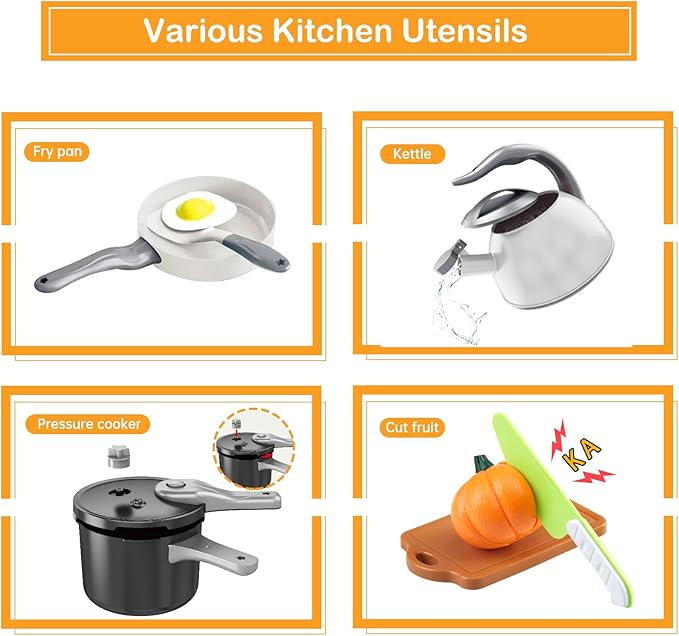 100Pcs Kitchen Playset, Kids Pretend Cooking Play Pots, Pans, Utensils, Cookware, Toy Food Fruits Veggies, with 2 Large Apple - Shaped Storage, Toddler Cooking Learning Gift (White)