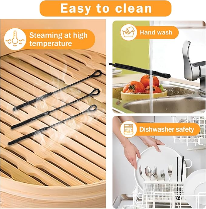 2Pcs Silicone Straw Cleaner Brush, 9.84in Reusable Straw Cleaner with Bendable Steel Core, Extra Long Soft Bottle Brush for Clearing Glass Straws, Smoothie Straws, 9mm&6mm (Black)