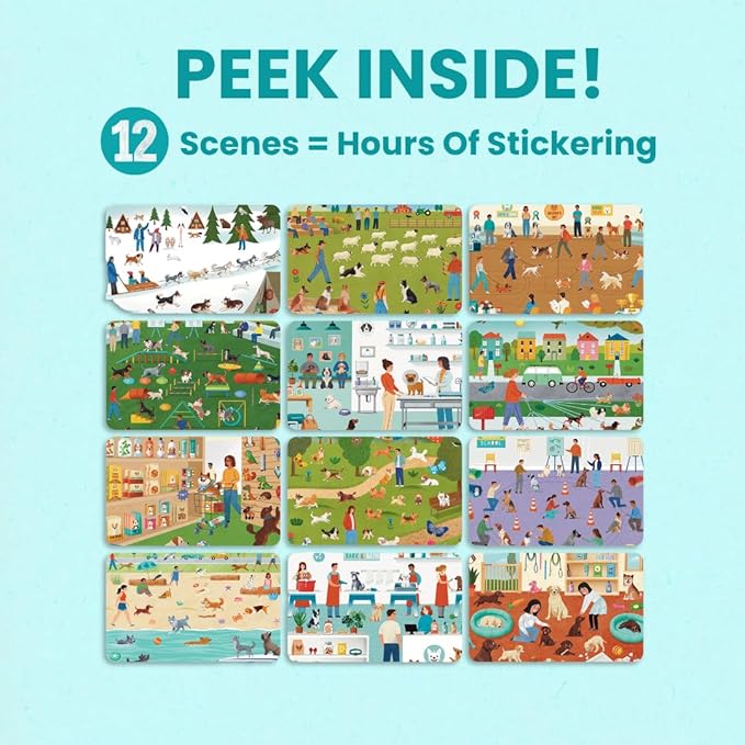 Cupkin Dog Sticker Book Activity for Kids, Toddler Airplane Travel Essentials, 500+ Dog Stickers for Kids + 12 Scenes + 12 Coloring Book Pages, Puppy Lover Children's Gift, Crafts Ages 2-8