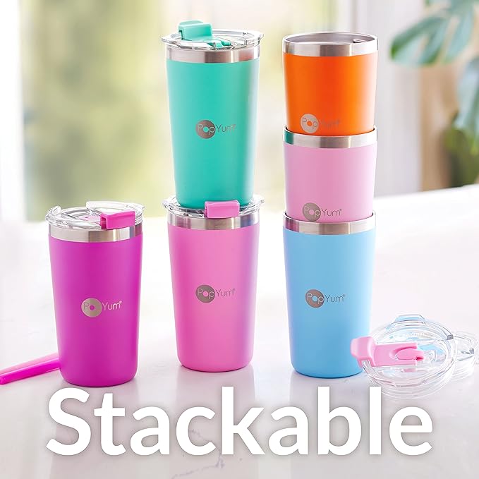 PopYum 13oz Insulated Stainless Steel Kids’ Cups with Lid and Straw, 2-Pack, Orange, Blue, stackable, sippy, baby, child, toddler, tumbler, double wall, vacuum, leak proof