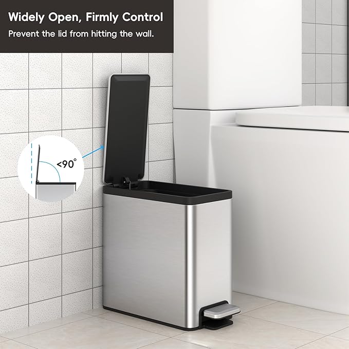 EKO Slim Small Bathroom Trash Can with Lid, Stainless Steel Kitchen Garbage Can with Removable Inner Bucket, 6L / 1.6 Gal 2 Pack Step On Trash Can Combo