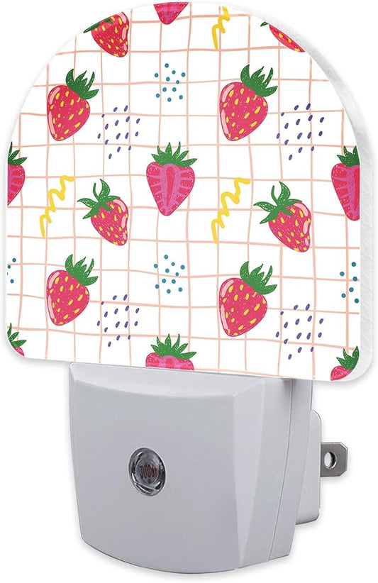 Cute Red Strawberries Night Light Plug into Wall, Abstract Funny Fruits Dusk to Dawn Night Light Plug in,0.5w Energy Saving Sleep Friendly NightLight for Kids Boys Girls Home Decor