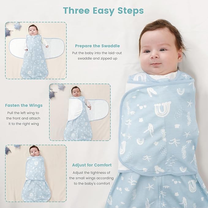 Baby Swaddle Sleep Sack 1.0 Tog 3-in-1 Cotton Baby Swaddle Blanket Wrap for Newborns 0-6 Months Seabed World