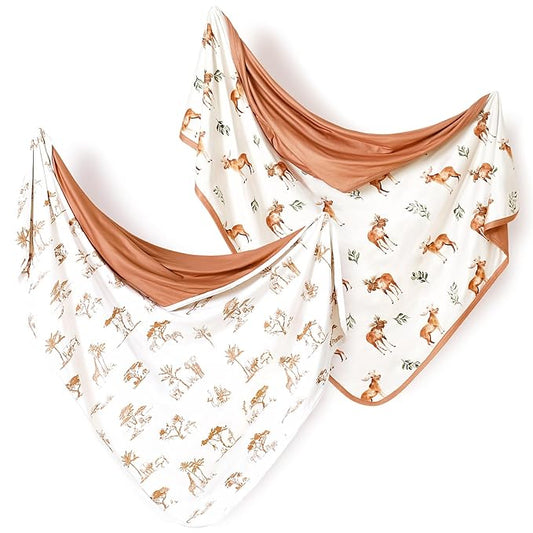 GRSSDER Baby Blankets Super Soft Stretchy Jersey Swaddle Blanket 2 Pack for Baby Boys, Double Layer Reversible Receiving Blankets 34 x 44, Extra Large for Swaddling, Elk & Elk Animals