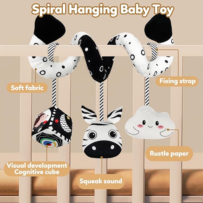 Baby Spiral Hanging Stroller and Car Seat Toys Black and White High Contrast Sensory Toy Newborn Plush Activity Toys Party Favors Gifts for Baby Shower -Zebra