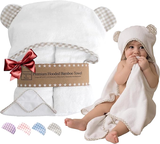 Channing & Yates Premium Organic Baby Towel Set - Soft Viscose Bamboo Hooded Towel & Washcloth - Girl & Boy Bath Essentials (Beige/White)