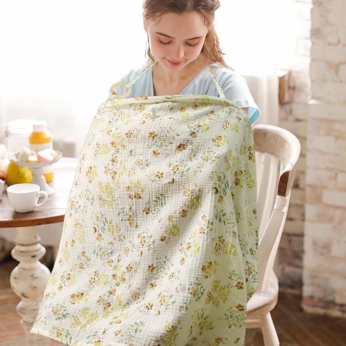 Muslin Nursing Cover for Baby Breastfeeding, Breathable 100% Cotton Privacy Nursing Covers, Multi Use Car Seat Stroller Cover (Floral)