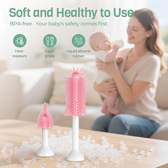 SEANCHEER S02 Electric Bottle Brush Set, Portable Baby Bottle Brush Cleaner, AA Battery-Powered & IPX7 Waterproof, with Silicone Bottle/Nipple/Straw Brush, for Home & Travel (Pink)