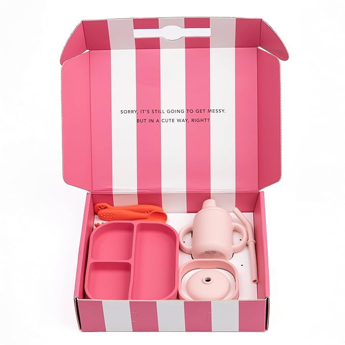 Bella Tunno Little Bites Bundle – Baby Feeding Set and Baby Led Weaning Supplies with 1 Baby Bowl, 1 Baby Plate, 3 Baby Utensils, 1 Cup, 2 Lids, 100% Food-Grade Silicone (Garden Party)