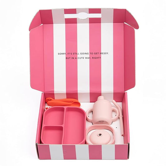 Bella Tunno Little Bites Bundle – Baby Feeding Set and Baby Led Weaning Supplies with 1 Baby Bowl, 1 Baby Plate, 3 Baby Utensils, 1 Cup, 2 Lids, 100% Food-Grade Silicone (Garden Party)