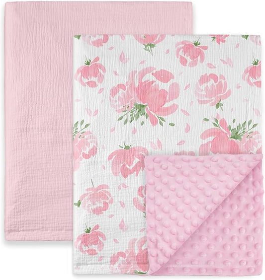 GLLQUEN BABY Blankets for Unisex Boys Girls, 2-Pack Muslin Cotton Front Soft and Breathable,and Dotted Fleece Backing, Printed Bed Nursery Minky Blankets for Newborn, Pink Flower,30 x40 inches