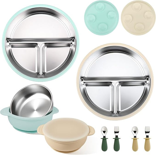 Mity rain Stainless Steel & Silicone Toddler Plates and Bowls Set with Suction,10-Piece Suction Plates & Bowls for Toddler,Removable Shell,Silicones Baby Plates for Independent Eating.