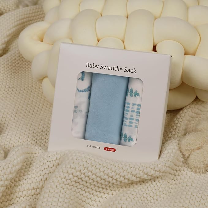 Baby Swaddle Sacks, 3-Pack Newborn Organic Cotton Swaddle Wrap, Adjustable Swaddling Blankets, Nursery Swaddling Essentials for Newborn 0-3 Months, Infant Shower Items Gift (Dinosaur & Forest)