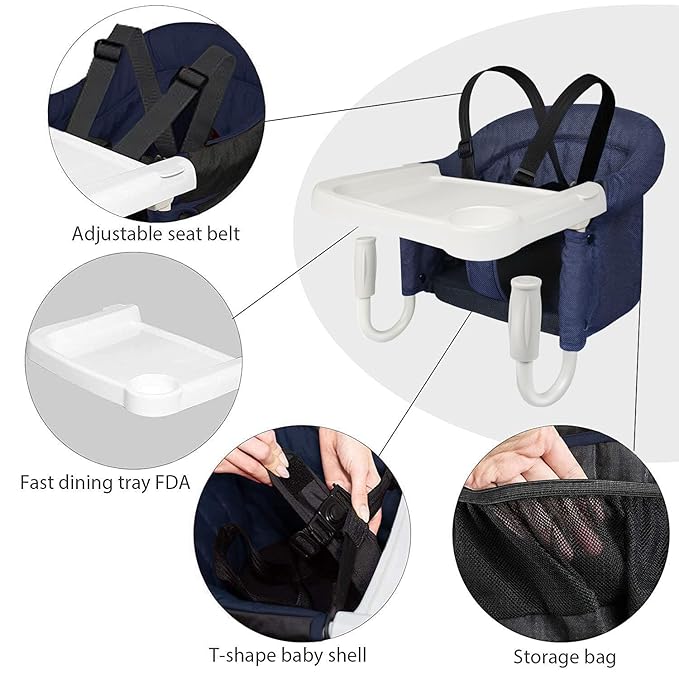 Hook On High Chair, Fast Table Clip-on High Chair, Fold-Flat Storage, Portable Baby Feeding Seat with Dining Tray for Travel Outside